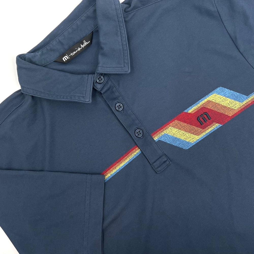 TRAVIS MATHEW Men's Sz M Blue w/ Multicolor Stripe Short-Sleeve Golf Polo Shirt